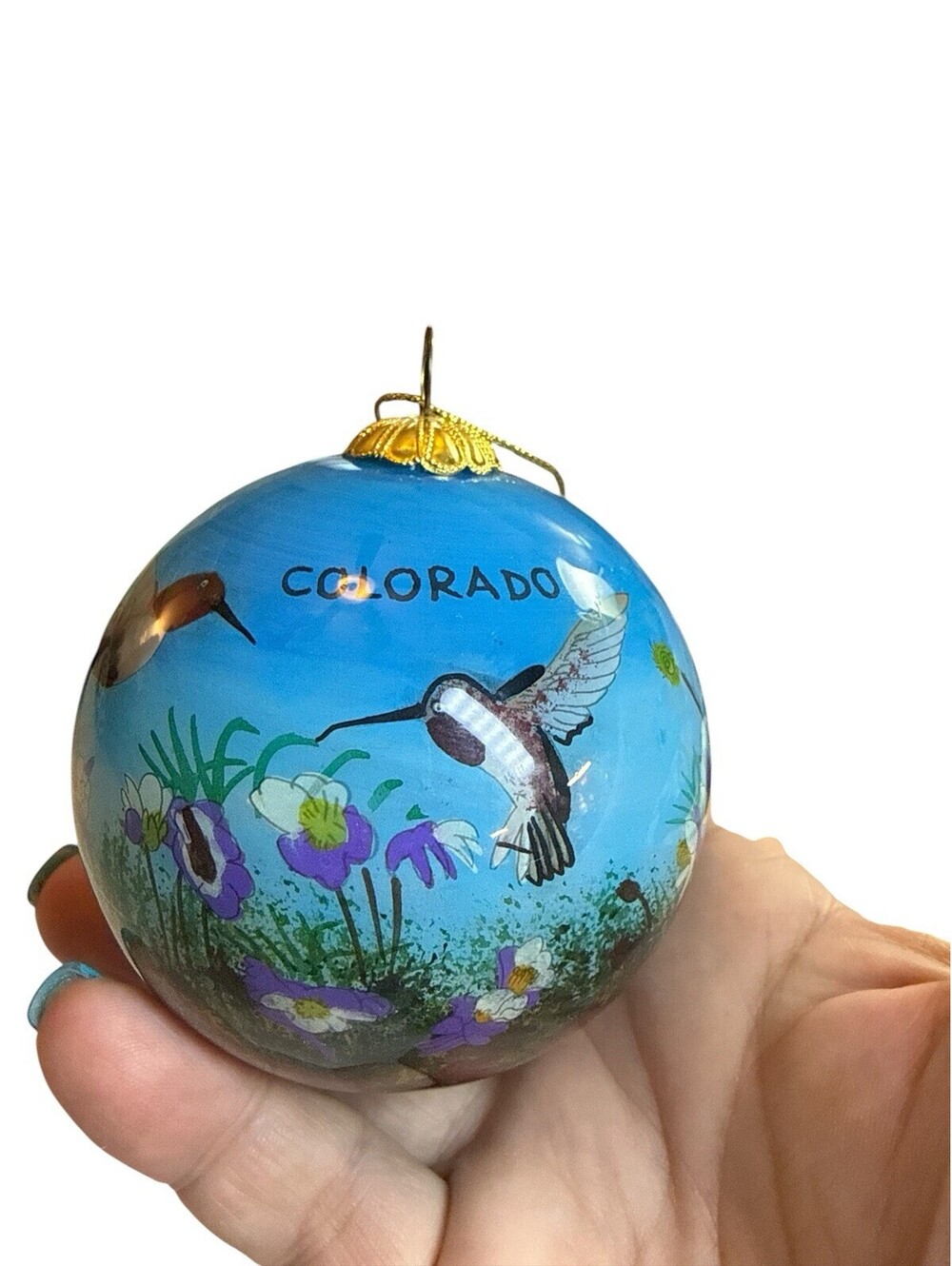 Colorado Hummingbird Art Studio Inside-Painted Glass Christmas Ornament 3" Round
